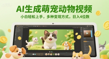 AI生成萌宠动物视频，小白轻松上手，多种变现方式，日入4位数好项目网-专注分享网络创业项目落地实操课程 – 全网首发_高质量创业项目输出好项目网