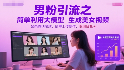 男粉引流之简单利用大模型生成美女视频，条条原创爆款，简单上传制作，变现日1k+好项目网-专注分享网络创业项目落地实操课程 – 全网首发_高质量创业项目输出好项目网
