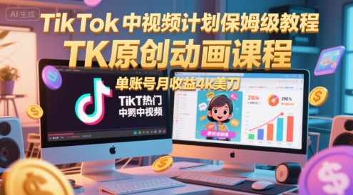 TikTok中视频计划保姆级教程，TK原创动画课程，单账号月收益4k美刀好项目网-专注分享网络创业项目落地实操课程 – 全网首发_高质量创业项目输出好项目网