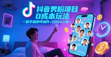 抖音男粉项目0成本玩法，一部手机即可操作，日均4张+，时间自由好项目网-专注分享网络创业项目落地实操课程 – 全网首发_高质量创业项目输出好项目网