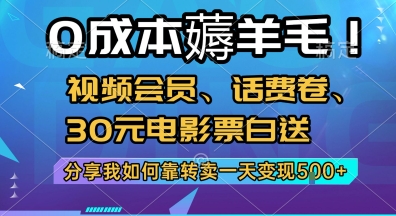 0成本薅羊毛!视频会员、话费卷、30元电影票白送，分享我如何靠转卖一天变现5张+【揭秘】好项目网-专注分享网络创业项目落地实操课程 – 全网首发_高质量创业项目输出好项目网