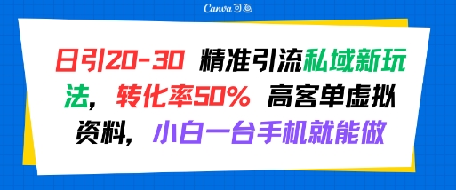 日引 20-30 精准引流私域新玩法，转化率50% 高客单虚拟资料，小白一台手机就能做好项目网-专注分享网络创业项目落地实操课程 – 全网首发_高质量创业项目输出好项目网